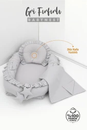 Umaybebek 3 Parça - Bebek Uyku Yatağı, Baş Yastık, Bebek Pikesi 0-2 Yaş - %100 Pamuk-Gri Fırfırlı thumbnail 2