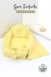 Umaybebek 3 Parça - Bebek Uyku Yatağı, Baş Yastık, Bebek Pikesi 0-2 Yaş - %100 Pamuk-Sarı Fırfırlı thumbnail 2