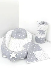 Umaybebek 4 Parça - Bebek Yatağı, Baş Yastık, Bebek Battaniyesi, Yorganı 0-2 Yaş - %100 Pamuk-Gri Yıldız thumbnail 1