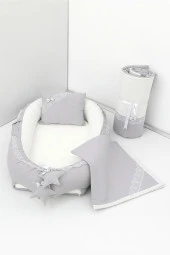 Umaybebek 4 Parça - Bebek Uyku Yatağı, Baş Yastık, Bebek Pikesi, Yorganı 0-2 Yaş - %100 Pamuk-Gri/Krem thumbnail 1