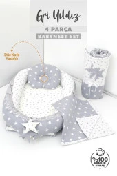 Umaybebek 4 Parça - Bebek Yatağı, Baş Yastık, Bebek Battaniyesi, Yorganı 0-2 Yaş - %100 Pamuk-Gri Yıldız thumbnail 2