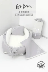 Umaybebek 4 Parça - Bebek Uyku Yatağı, Baş Yastık, Bebek Pikesi, Yorganı 0-2 Yaş - %100 Pamuk-Gri/Krem thumbnail 2