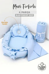 Umaybebek 4 Parça - Bebek Uyku Yatağı, Baş Yastık, Bebek Pikesi, Yorganı 0-2 Yaş - %100 Pamuk-Mavi Fırfırlı thumbnail 2