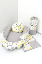 Umaybebek 4 Parça - Bebek Uyku Yatağı, Baş Yastık, Bebek Pikesi, Yorganı 0-2 Yaş - %100 Pamuk-Sarı/Gri Kelebek thumbnail 1