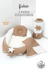 Umaybebek 4 Parça - Bebek Uyku Yatağı, Baş Yastık, Bebek Pikesi, Yorganı 0-2 Yaş - %100 Pamuk-Kahve thumbnail 2