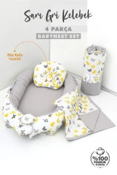 Umaybebek 4 Parça - Bebek Uyku Yatağı, Baş Yastık, Bebek Pikesi, Yorganı 0-2 Yaş - %100 Pamuk-Sarı/Gri Kelebek thumbnail 2
