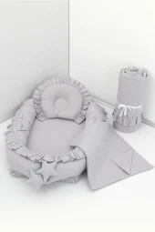 Umaybebek 4 Parça - Bebek Uyku Yatağı, Baş Yastık, Bebek Pikesi, Yorganı 0-2 Yaş - %100 Pamuk-Gri Fırfırlı thumbnail 1