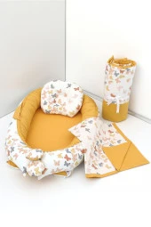 Umaybebek 4 Parça - Bebek Uyku Yatağı, Baş Yastık, Bebek Pikesi, Yorganı 0-2 Yaş - %100 Pamuk-Hardal Kelebek thumbnail 1