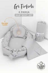 Umaybebek 4 Parça - Bebek Uyku Yatağı, Baş Yastık, Bebek Pikesi, Yorganı 0-2 Yaş - %100 Pamuk-Gri Fırfırlı thumbnail 2