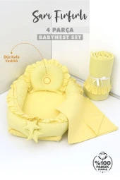 Umaybebek 4 Parça - Bebek Uyku Yatağı, Baş Yastık, Bebek Pikesi, Yorganı 0-2 Yaş - %100 Pamuk-Sarı Fırfırlı thumbnail 2