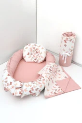 Umaybebek 4 Parça - Bebek Uyku Yatağı, Baş Yastık, Bebek Pikesi, Yorganı 0-2 Yaş - %100 Pamuk-Pudra Kelebek thumbnail 1