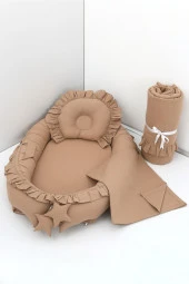 Umaybebek 4 Parça - Bebek Uyku Yatağı, Baş Yastık, Bebek Pikesi, Yorganı 0-2 Yaş - %100 Pamuk-Kahve Fırfırlı thumbnail 1