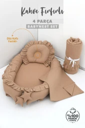 Umaybebek 4 Parça - Bebek Uyku Yatağı, Baş Yastık, Bebek Pikesi, Yorganı 0-2 Yaş - %100 Pamuk-Kahve Fırfırlı thumbnail 2