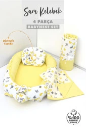Umaybebek 4 Parça - Bebek Uyku Yatağı, Baş Yastık, Bebek Pikesi, Yorganı 0-2 Yaş - %100 Pamuk-Sarı Kelebek thumbnail 2