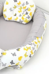Umaybebek 4 Parça - Bebek Uyku Yatağı, Baş Yastık, Bebek Pikesi, Yorganı 0-2 Yaş - %100 Pamuk-Sarı/Gri Kelebek thumbnail 3