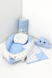 Umaybebek 5 Parça - Bebek Uyku Yatağı, Baş Yastık, Bebek Pikesi, Yorganı, Dekoratif Bulut Yastık-Mavi/Beyaz Yıldız - 1