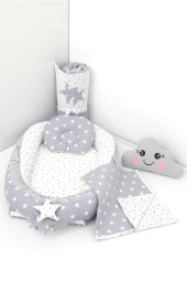 Umaybebek 5 Parça - Bebek Uyku Yatağı, Baş Yastık, Bebek Pikesi, Yorganı, Dekoratif Bulut Yastık-Gri Yıldız - 1