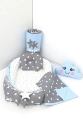 Umaybebek 5 Parça - Bebek Uyku Yatağı, Baş Yastık, Bebek Pikesi, Yorganı, Dekoratif Bulut Yastık-Koyu Gri/Mavi - 1