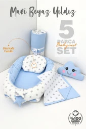 Umaybebek 5 Parça - Bebek Uyku Yatağı, Baş Yastık, Bebek Pikesi, Yorganı, Dekoratif Bulut Yastık-Mavi/Beyaz Yıldız - 2