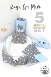 Umaybebek 5 Parça - Bebek Uyku Yatağı, Baş Yastık, Bebek Pikesi, Yorganı, Dekoratif Bulut Yastık-Koyu Gri/Mavi - 2