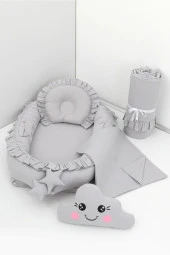 Umaybebek 5 Parça - Bebek Uyku Yatağı, Baş Yastık, Bebek Pikesi, Yorganı, Dekoratif Bulut Yastık-Gri Fırfırlı - 1