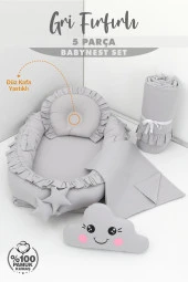 Umaybebek 5 Parça - Bebek Uyku Yatağı, Baş Yastık, Bebek Pikesi, Yorganı, Dekoratif Bulut Yastık-Gri Fırfırlı - 2