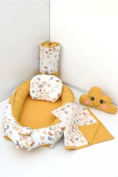 Umaybebek 5 Parça - Bebek Uyku Yatağı, Baş Yastık, Bebek Pikesi, Yorganı, Dekoratif Bulut Yastık-Hardal Kelebek - 1