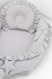 Umaybebek 5 Parça - Bebek Uyku Yatağı, Baş Yastık, Bebek Pikesi, Yorganı, Dekoratif Bulut Yastık-Gri Fırfırlı - 3