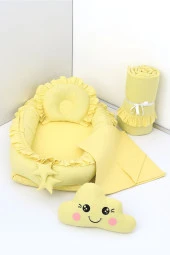 Umaybebek 5 Parça - Bebek Uyku Yatağı, Baş Yastık, Bebek Pikesi, Yorganı, Dekoratif Bulut Yastık-Sarı Fırfırlı - 1