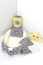 Umaybebek 5 Parça - Bebek Uyku Yatağı, Baş Yastık, Bebek Pikesi, Yorganı, Dekoratif Bulut Yastık-Koyu Gri/Sarı - 1