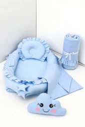Umaybebek 5 Parça - Bebek Uyku Yatağı, Baş Yastık, Bebek Pikesi, Yorganı, Dekoratif Bulut Yastık-Mavi Fırfırlı - 1