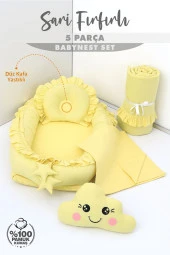Umaybebek 5 Parça - Bebek Uyku Yatağı, Baş Yastık, Bebek Pikesi, Yorganı, Dekoratif Bulut Yastık-Sarı Fırfırlı - 2