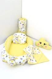 Umaybebek 5 Parça - Bebek Uyku Yatağı, Baş Yastık, Bebek Pikesi, Yorganı, Dekoratif Bulut Yastık-Sarı Kelebek - 1