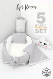 Umaybebek 5 Parça - Bebek Uyku Yatağı, Baş Yastık, Bebek Pikesi, Yorganı, Dekoratif Bulut Yastık-Gri/Krem - 2