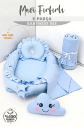 Umaybebek 5 Parça - Bebek Uyku Yatağı, Baş Yastık, Bebek Pikesi, Yorganı, Dekoratif Bulut Yastık-Mavi Fırfırlı - 2