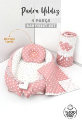 Umaybebek 4 Parça - Bebek Uyku Yatağı, Baş Yastık, Bebek Pikesi, Yorganı 0-2 Yaş - %100 Pamuk-Pudra Yıldız thumbnail 2