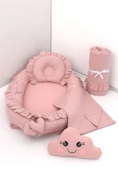 Umaybebek 5 Parça - Bebek Uyku Yatağı, Baş Yastık, Bebek Pikesi, Yorganı, Dekoratif Bulut Yastık-Pudra Fırfırlı - 1