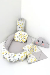 Umaybebek 5 Parça - Bebek Uyku Yatağı, Baş Yastık, Bebek Pikesi, Yorganı, Dekoratif Bulut Yastık-Sarı/Gri Kelebek - 1