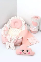 Umaybebek 5 Parça - Bebek Uyku Yatağı, Baş Yastık, Bebek Pikesi, Yorganı, Dekoratif Bulut Yastık-prenses fırfırlı - 1