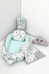 Umaybebek 5 Parça - Bebek Uyku Yatağı, Baş Yastık, Bebek Pikesi, Yorganı, Dekoratif Bulut Yastık-Yeşil Kelebek - 1