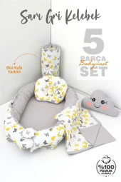Umaybebek 5 Parça - Bebek Uyku Yatağı, Baş Yastık, Bebek Pikesi, Yorganı, Dekoratif Bulut Yastık-Sarı/Gri Kelebek - 2