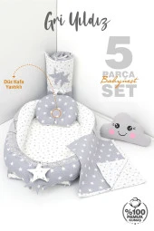 Umaybebek 5 Parça - Bebek Uyku Yatağı, Baş Yastık, Bebek Pikesi, Yorganı, Dekoratif Bulut Yastık-Gri Yıldız - 2