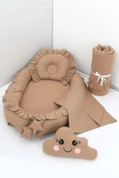 Umaybebek 5 Parça - Bebek Uyku Yatağı, Baş Yastık, Bebek Pikesi, Yorganı, Dekoratif Bulut Yastık-Kahve Fırfırlı - 1