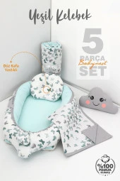 Umaybebek 5 Parça - Bebek Uyku Yatağı, Baş Yastık, Bebek Pikesi, Yorganı, Dekoratif Bulut Yastık-Yeşil Kelebek - 2