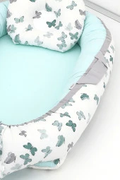 Umaybebek 5 Parça - Bebek Uyku Yatağı, Baş Yastık, Bebek Pikesi, Yorganı, Dekoratif Bulut Yastık-Yeşil Kelebek - 3