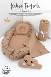 Umaybebek 5 Parça - Bebek Uyku Yatağı, Baş Yastık, Bebek Pikesi, Yorganı, Dekoratif Bulut Yastık-Kahve Fırfırlı - 2