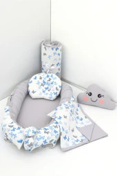 Umaybebek 5 Parça - Bebek Uyku Yatağı, Baş Yastık, Bebek Pikesi, Yorganı, Dekoratif Bulut Yastık-Mavi Kelebek - 1