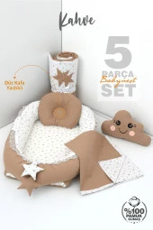 Umaybebek 5 Parça - Bebek Uyku Yatağı, Baş Yastık, Bebek Pikesi, Yorganı, Dekoratif Bulut Yastık-Kahve - 2