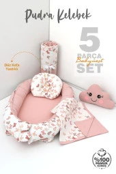 Umaybebek 5 Parça - Bebek Uyku Yatağı, Baş Yastık, Bebek Pikesi, Yorganı, Dekoratif Bulut Yastık-Pudra Kelebek - 2