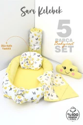 Umaybebek 5 Parça - Bebek Uyku Yatağı, Baş Yastık, Bebek Pikesi, Yorganı, Dekoratif Bulut Yastık-Sarı Kelebek - 2